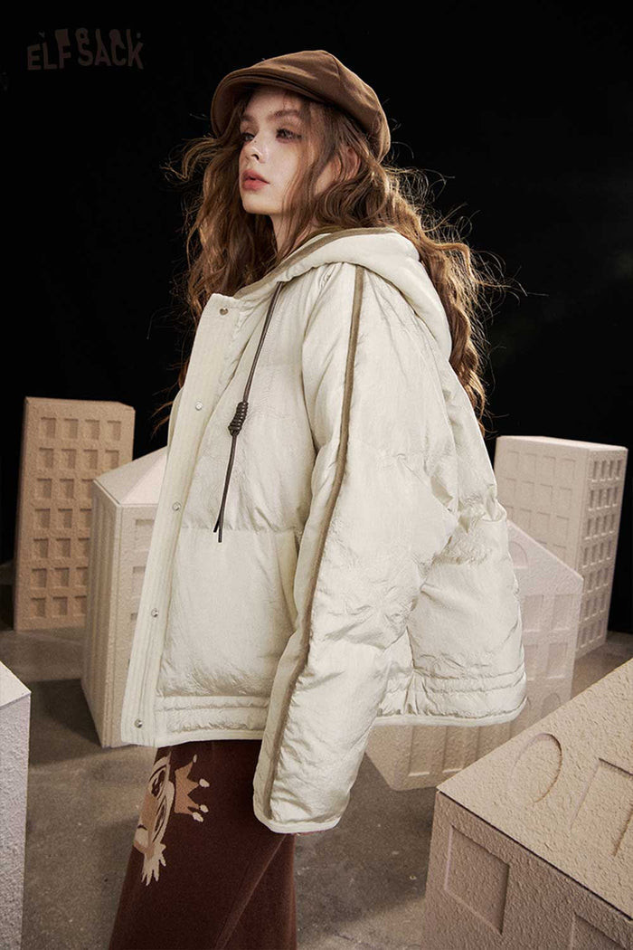 ELFSACK Soft Classic Hooded Solid Colour Short Down Jacket