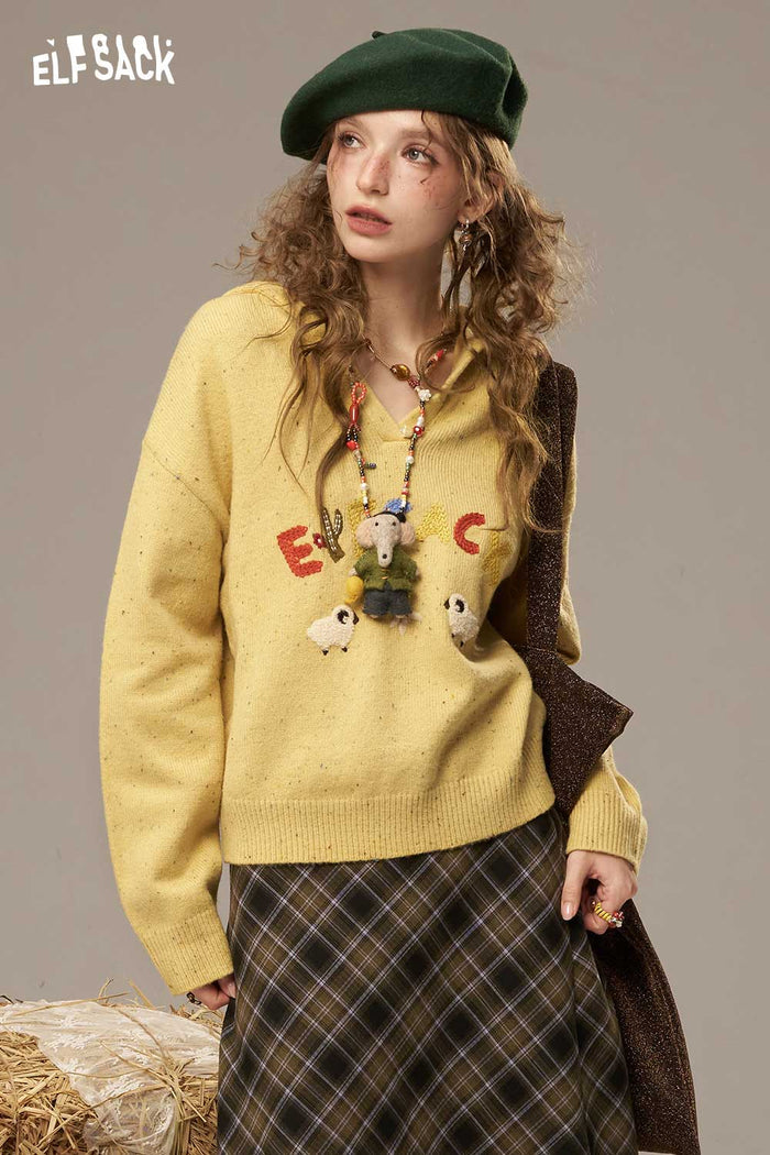 ELFSACK Soft Colorful Letters And Cartoon Sheep Designs Large Collar Sweater