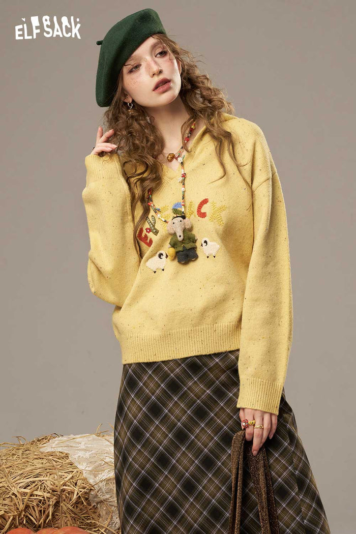 ELFSACK Soft Colorful Letters And Cartoon Sheep Designs Large Collar Sweater