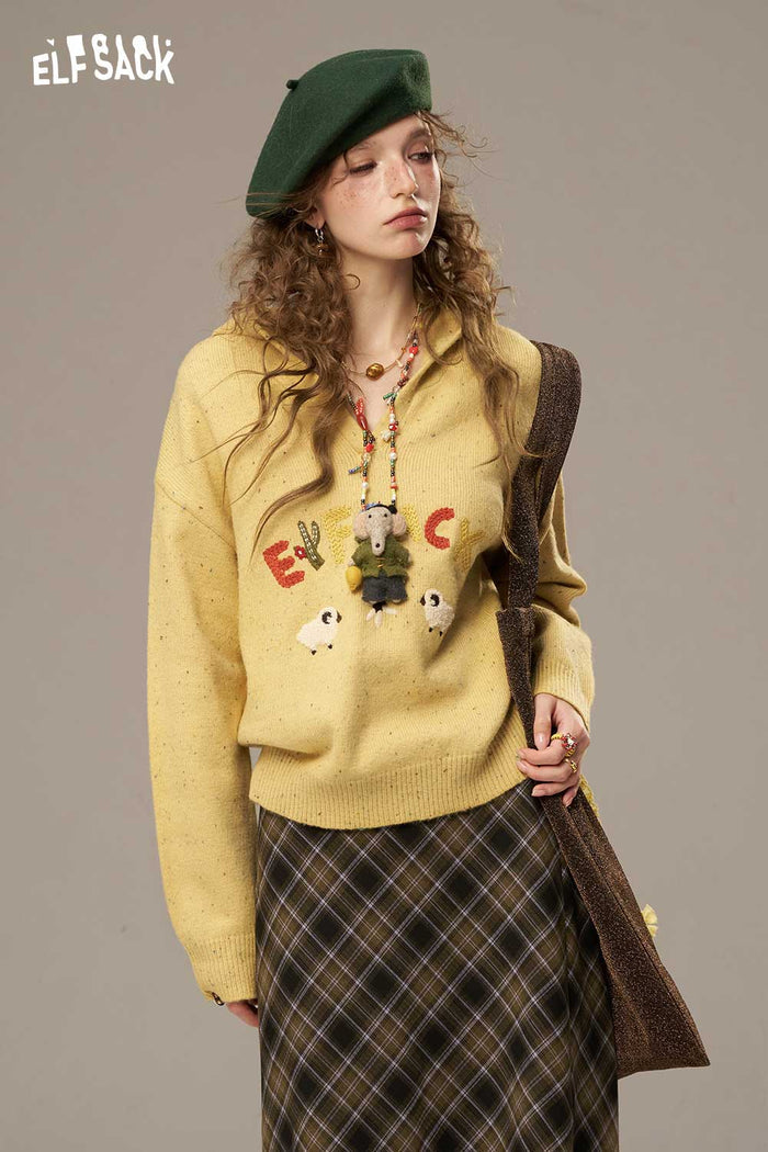 ELFSACK Soft Colorful Letters And Cartoon Sheep Designs Large Collar Sweater