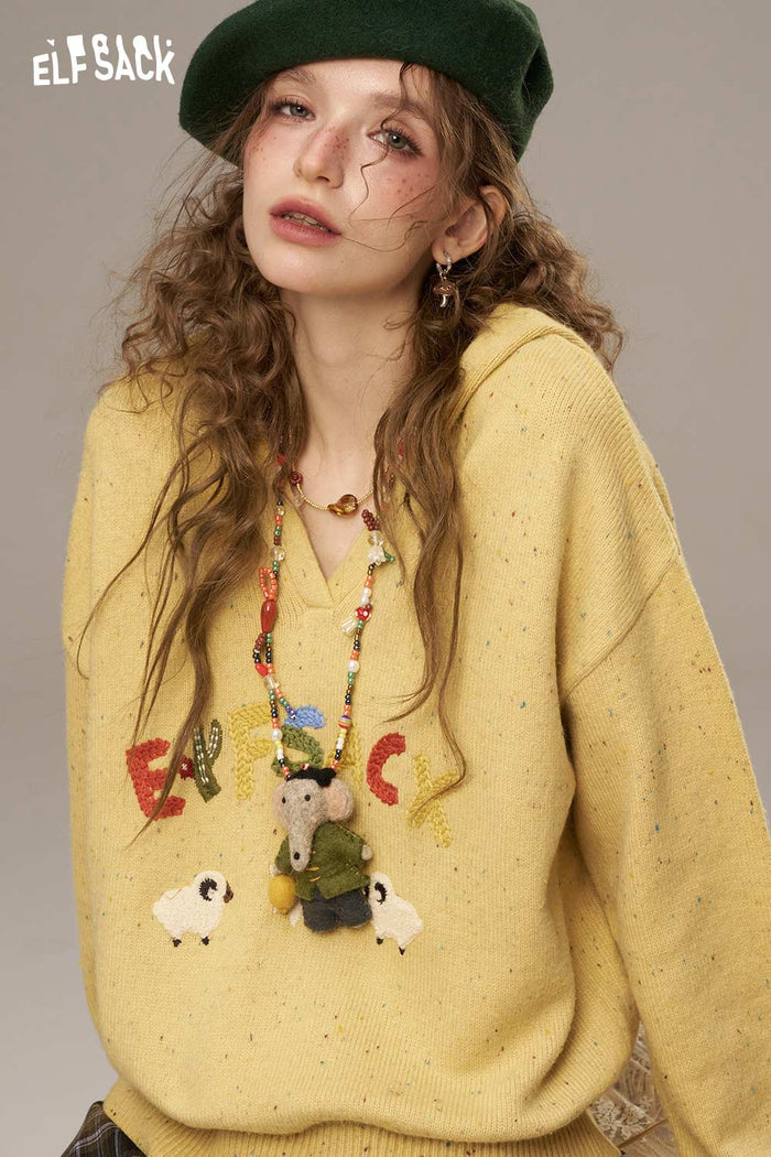 ELFSACK Soft Colorful Letters And Cartoon Sheep Designs Large Collar Sweater