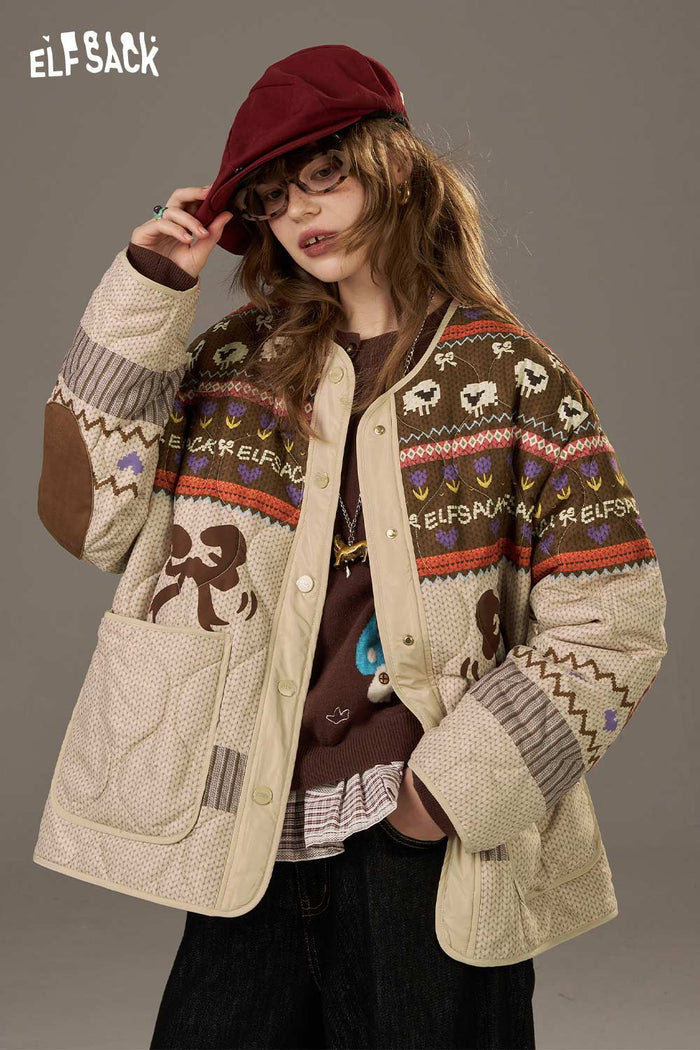 ELFSACK Soft Colorful Printed Fabric Patchwork Cotton Coat