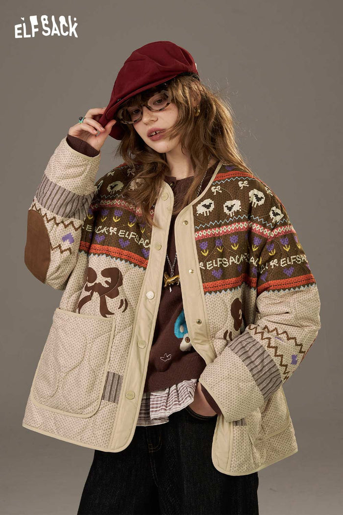 ELFSACK Soft Colorful Printed Fabric Patchwork Cotton Coat