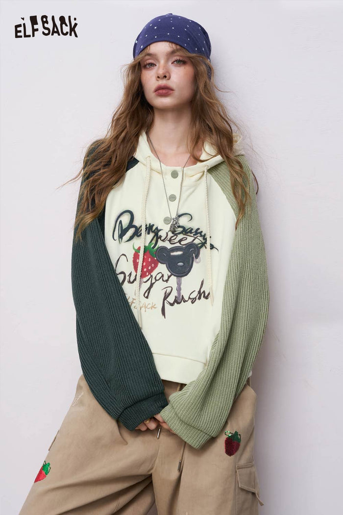 ELFSACK Soft Contrast Panel Strawberry Graphic Blend Hooded Sweatshirt