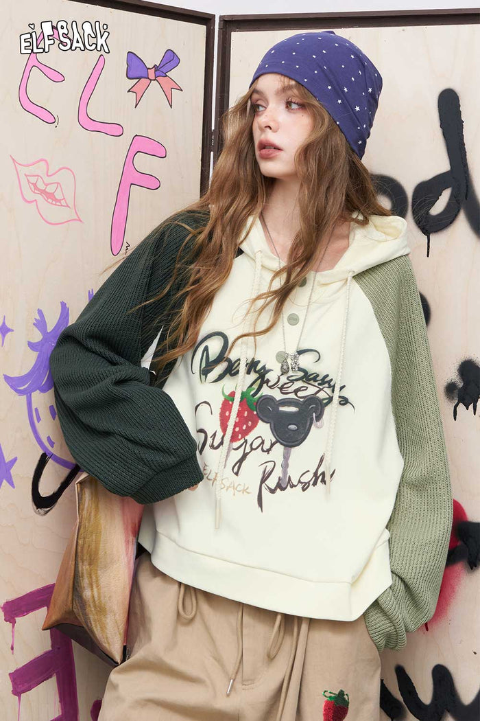ELFSACK Soft Contrast Panel Strawberry Graphic Blend Hooded Sweatshirt
