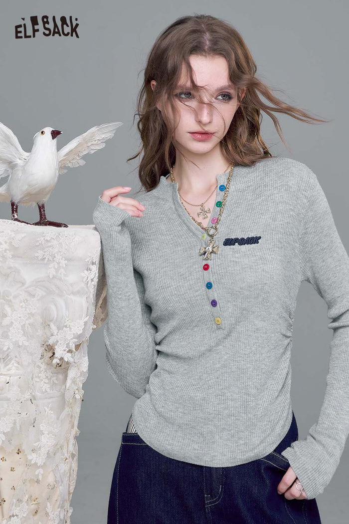 ELFSACK Soft Cotton Blend Slim Fit Colorful Button Detail Pullover Sweater