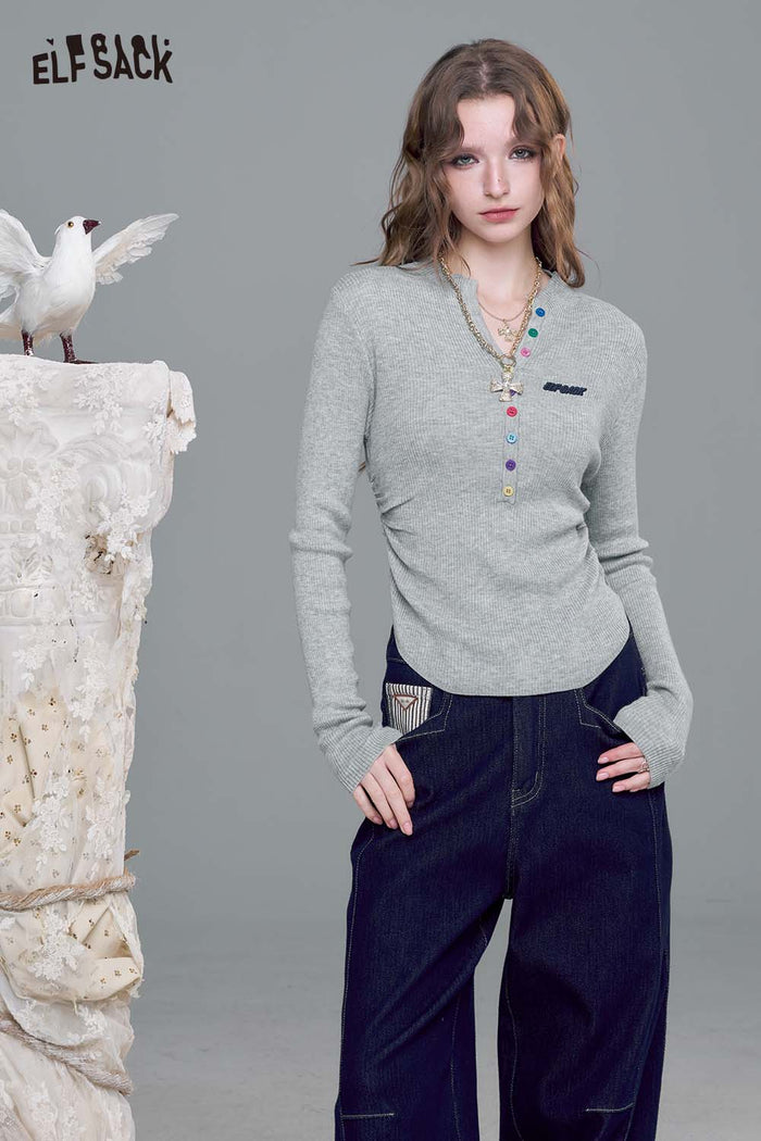 ELFSACK Soft Cotton Blend Slim Fit Colorful Button Detail Pullover Sweater