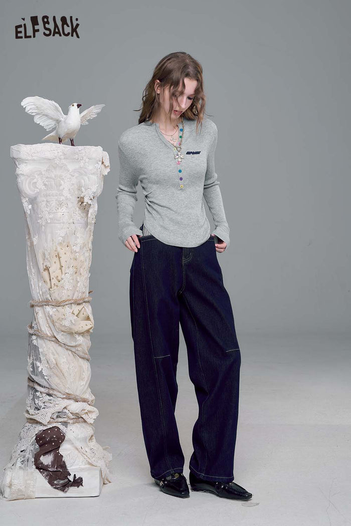 ELFSACK Soft Cotton Blend Slim Fit Colorful Button Detail Pullover Sweater