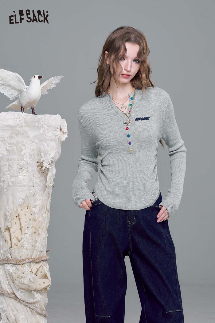ELFSACK Soft Cotton Blend Slim Fit Colorful Button Detail Pullover Sweater