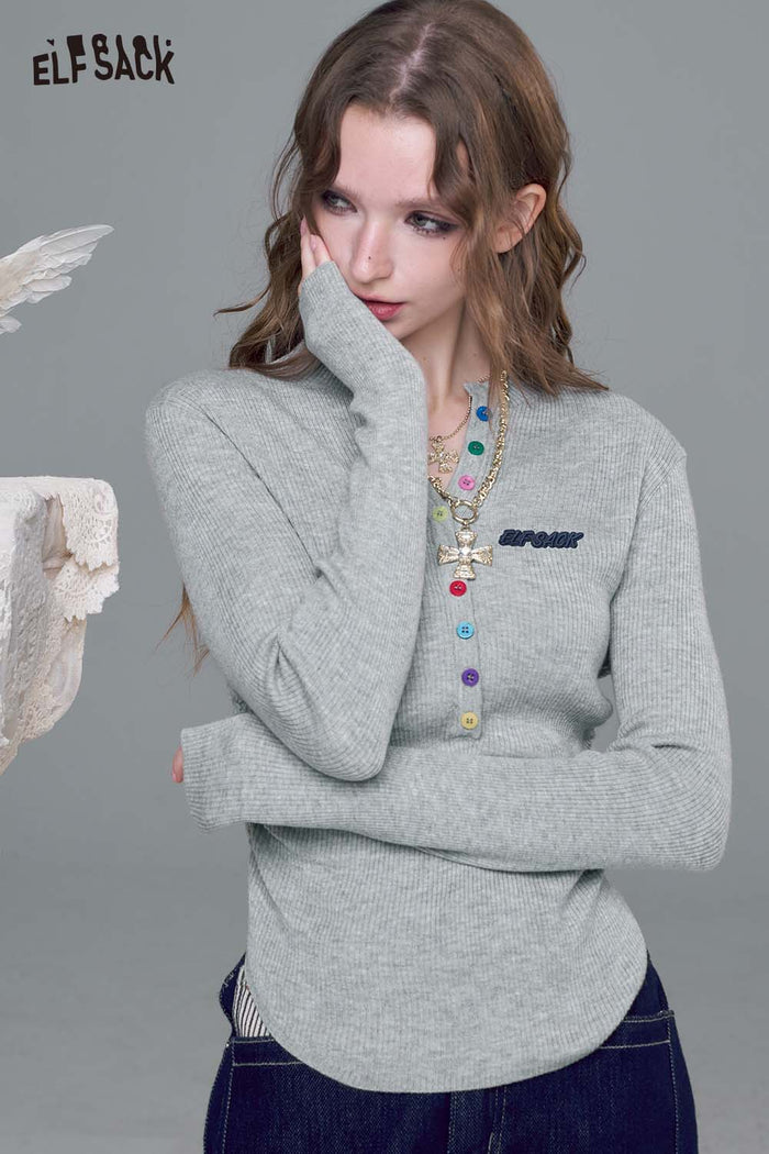 ELFSACK Soft Cotton Blend Slim Fit Colorful Button Detail Pullover Sweater
