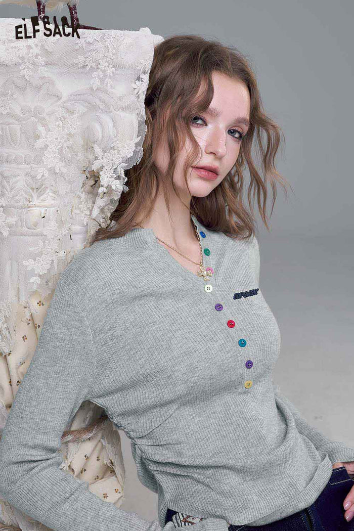 ELFSACK Soft Cotton Blend Slim Fit Colorful Button Detail Pullover Sweater