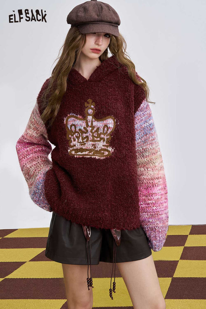 ELFSACK Soft Crown Graphic Color Block Sleeve Sweater