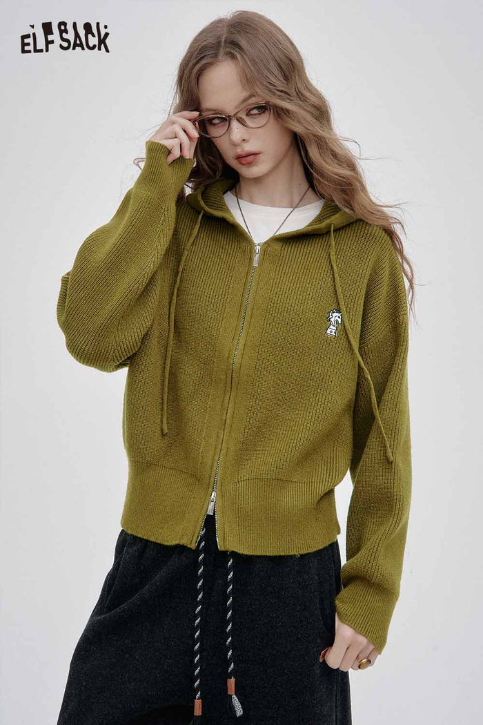 ELFSACK Soft Double Zip Crown Embroidered Knit Sweater