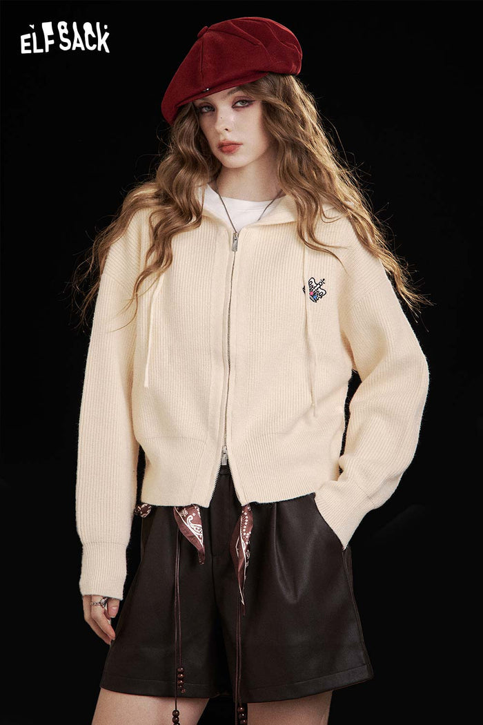 ELFSACK Soft Double Zip Crown Embroidered Knit Sweater