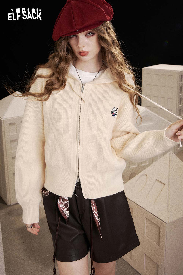 ELFSACK Soft Double Zip Crown Embroidered Knit Sweater