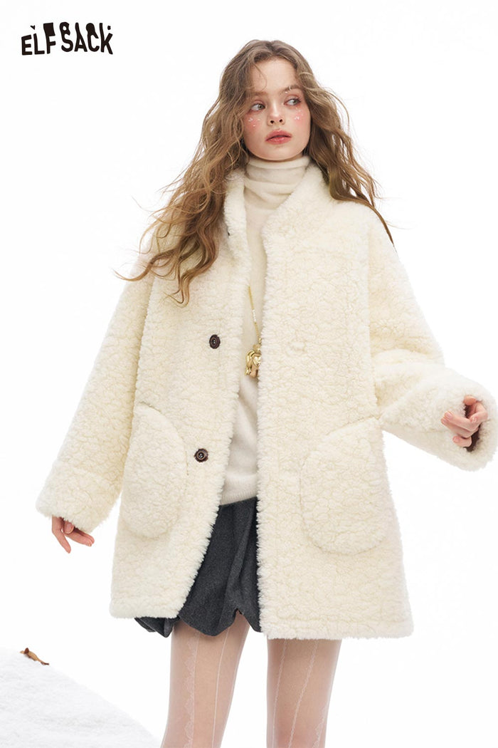 ELFSACK Soft Elegant Minimalist Solid Reversible Plush Long Coat