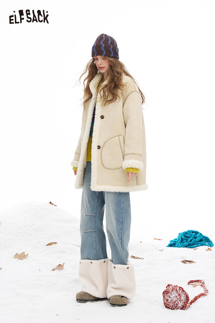 ELFSACK Soft Elegant Minimalist Solid Reversible Plush Long Coat