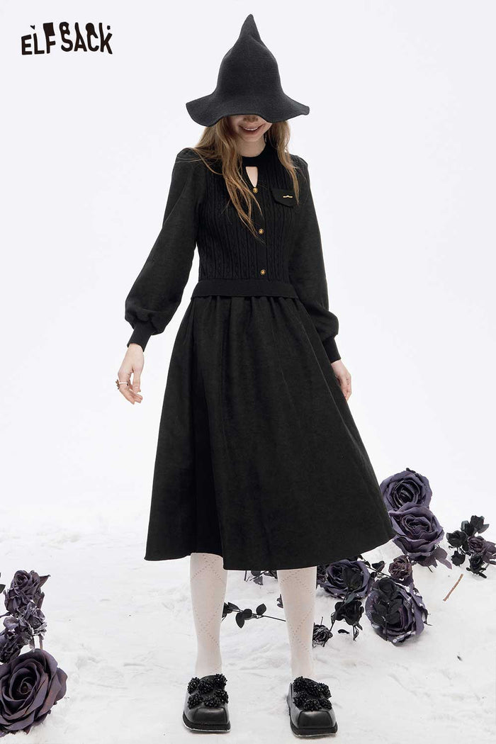 ELFSACK Soft Elegant Solid Button Cutout Flared Tea Dress