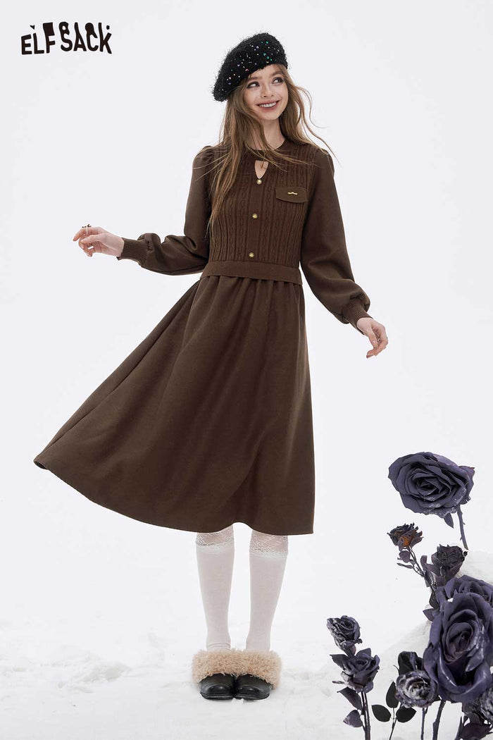 ELFSACK Soft Elegant Solid Button Cutout Flared Tea Dress