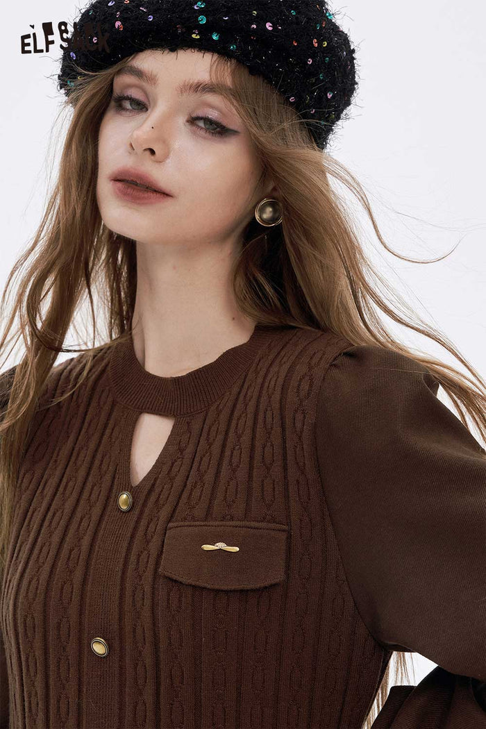ELFSACK Soft Elegant Solid Button Cutout Flared Tea Dress