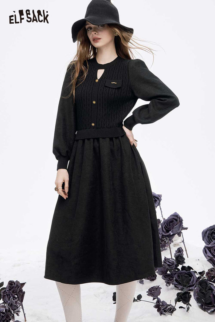 ELFSACK Soft Elegant Solid Button Cutout Flared Tea Dress