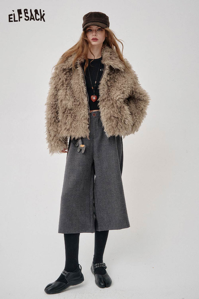 ELFSACK Soft Faux Fur Cropped Fit Ombre Long Pile Coat