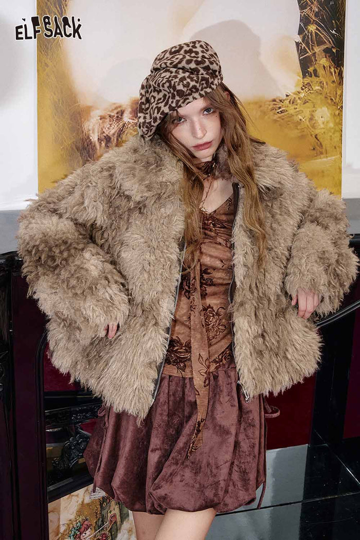 ELFSACK Soft Faux Fur Cropped Fit Ombre Long Pile Coat