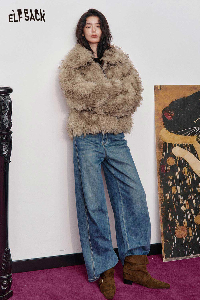 ELFSACK Soft Faux Fur Cropped Fit Ombre Long Pile Coat
