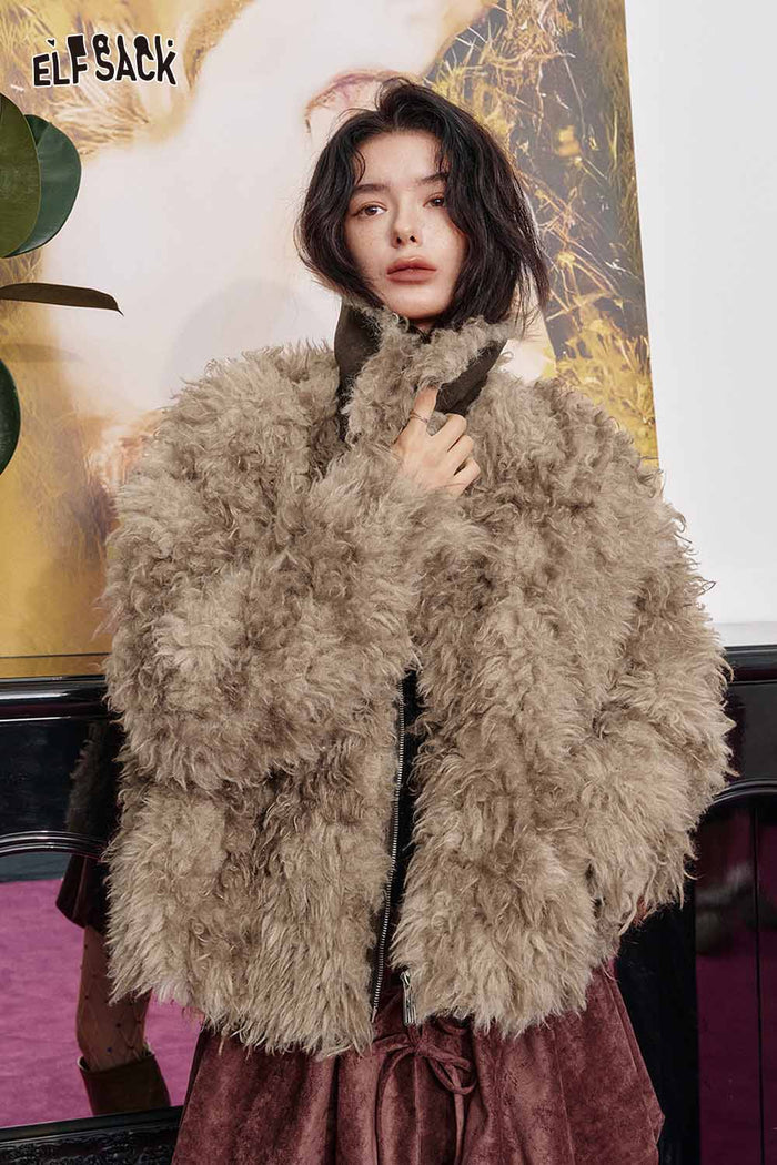 ELFSACK Soft Faux Fur Cropped Fit Ombre Long Pile Coat