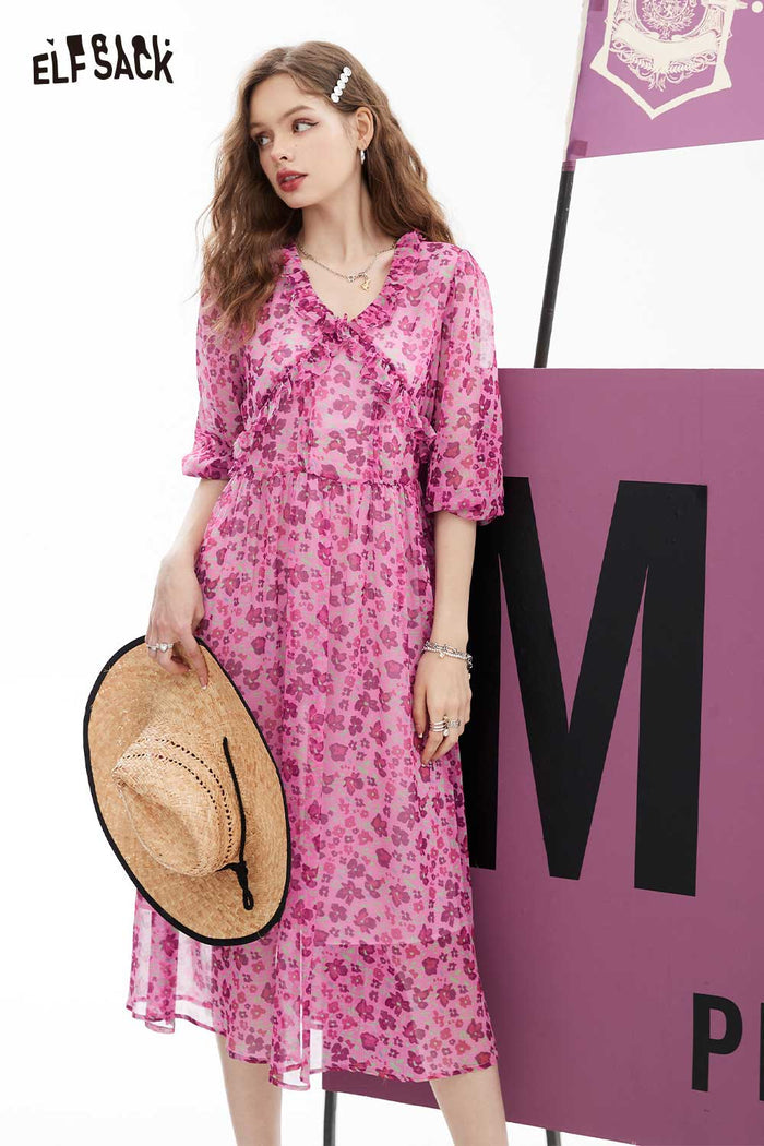ELFSACK Soft Forest French Floral Ruffle V Neck Dress