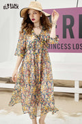 ELFSACK Soft Forest French Floral Ruffle V Neck Dress