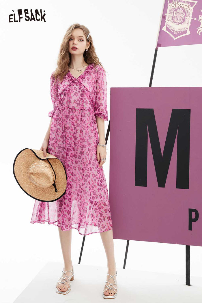 ELFSACK Soft Forest French Floral Ruffle V Neck Dress