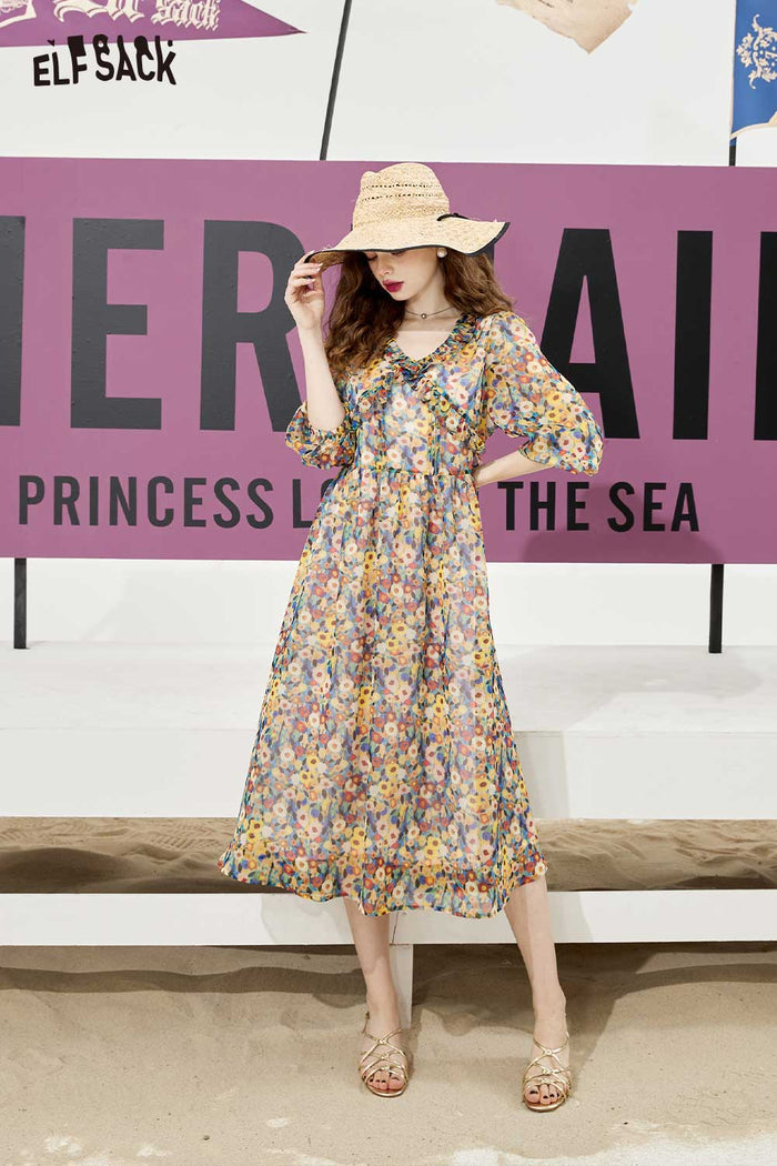 ELFSACK Soft Forest French Floral Ruffle V Neck Dress