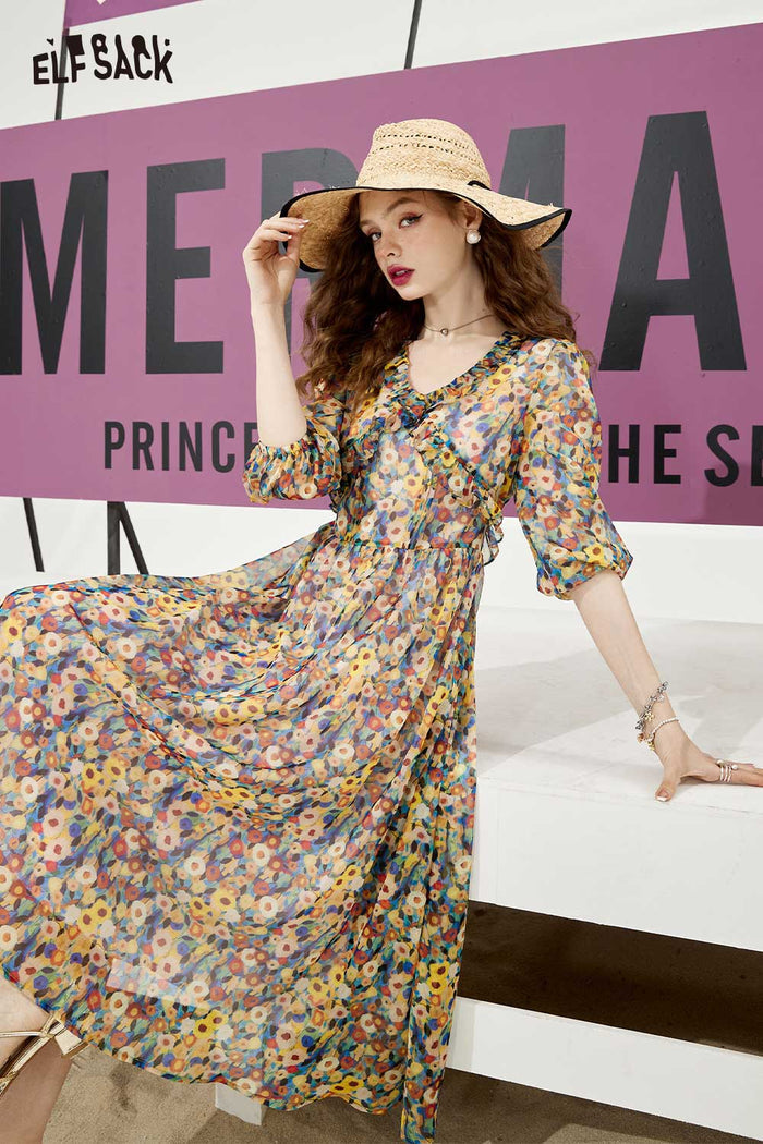 ELFSACK Soft Forest French Floral Ruffle V Neck Dress