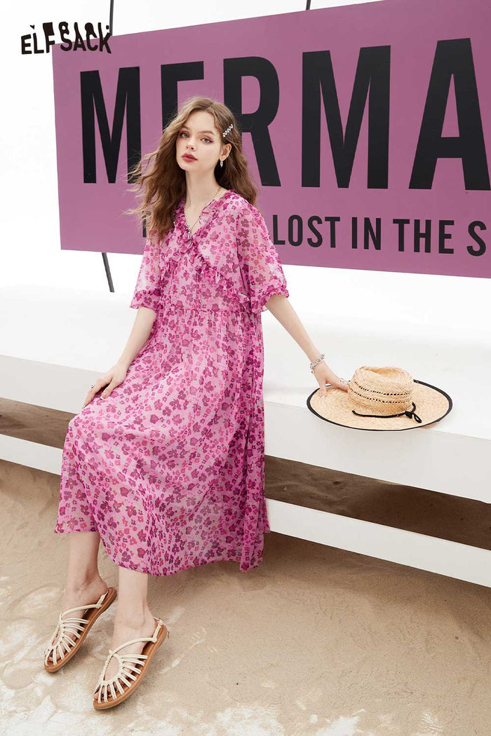 ELFSACK Soft Forest French Floral Ruffle V Neck Dress