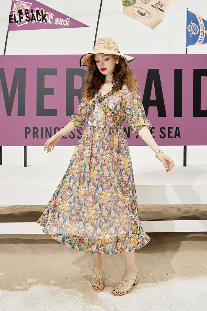 ELFSACK Soft Forest French Floral Ruffle V Neck Dress