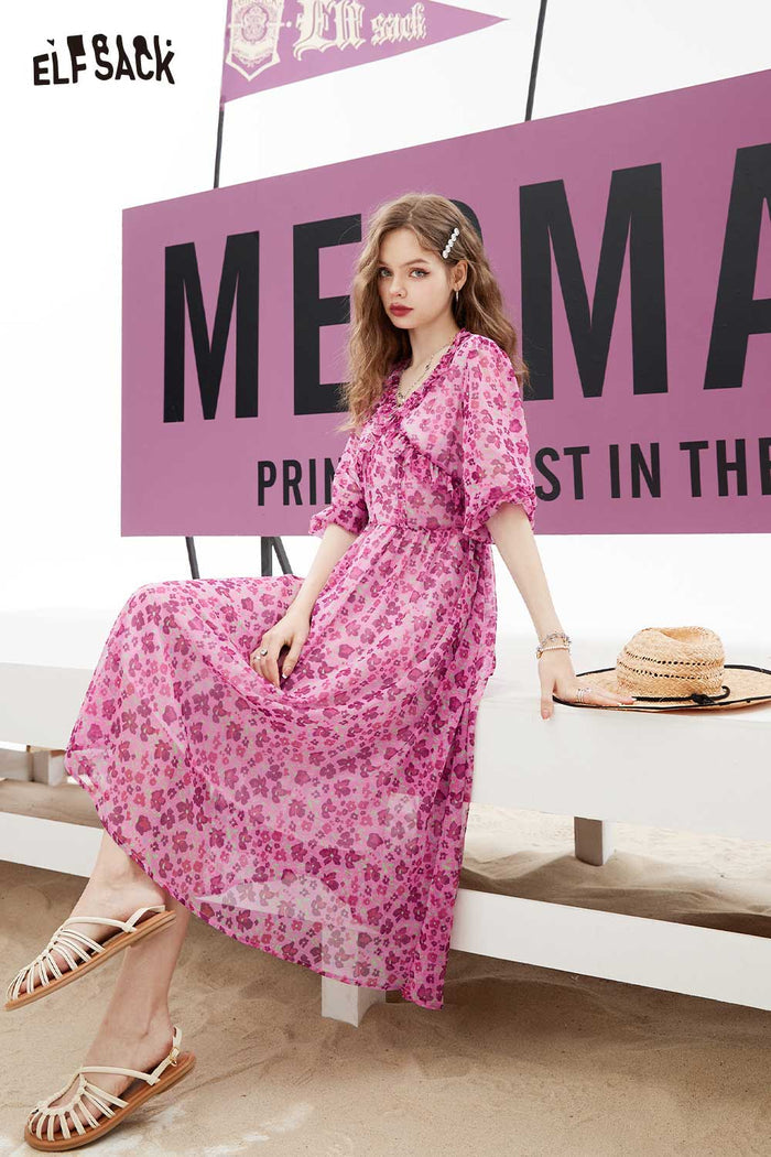 ELFSACK Soft Forest French Floral Ruffle V Neck Dress