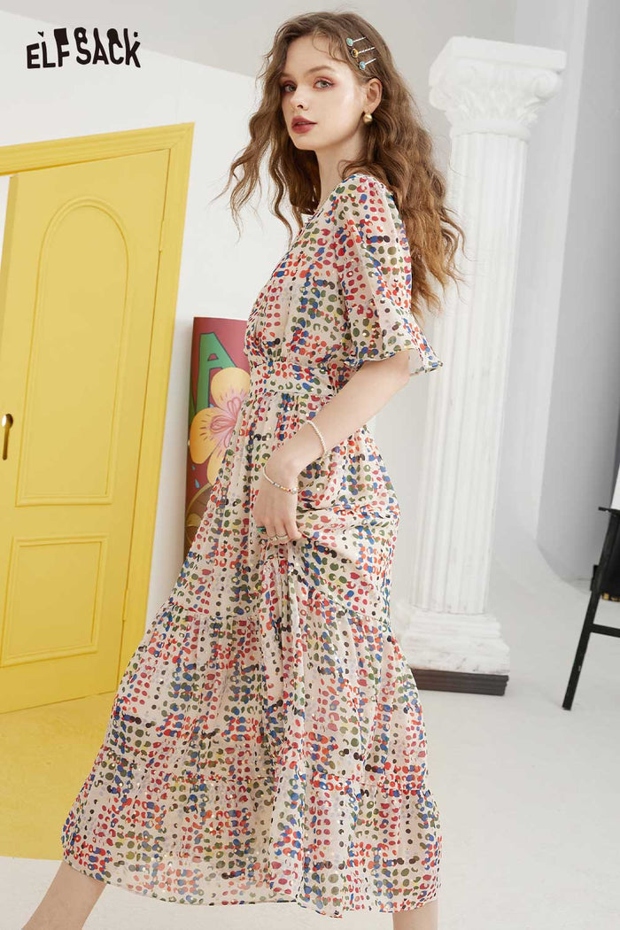 ELFSACK Soft French Dot Waist A-Line Dress