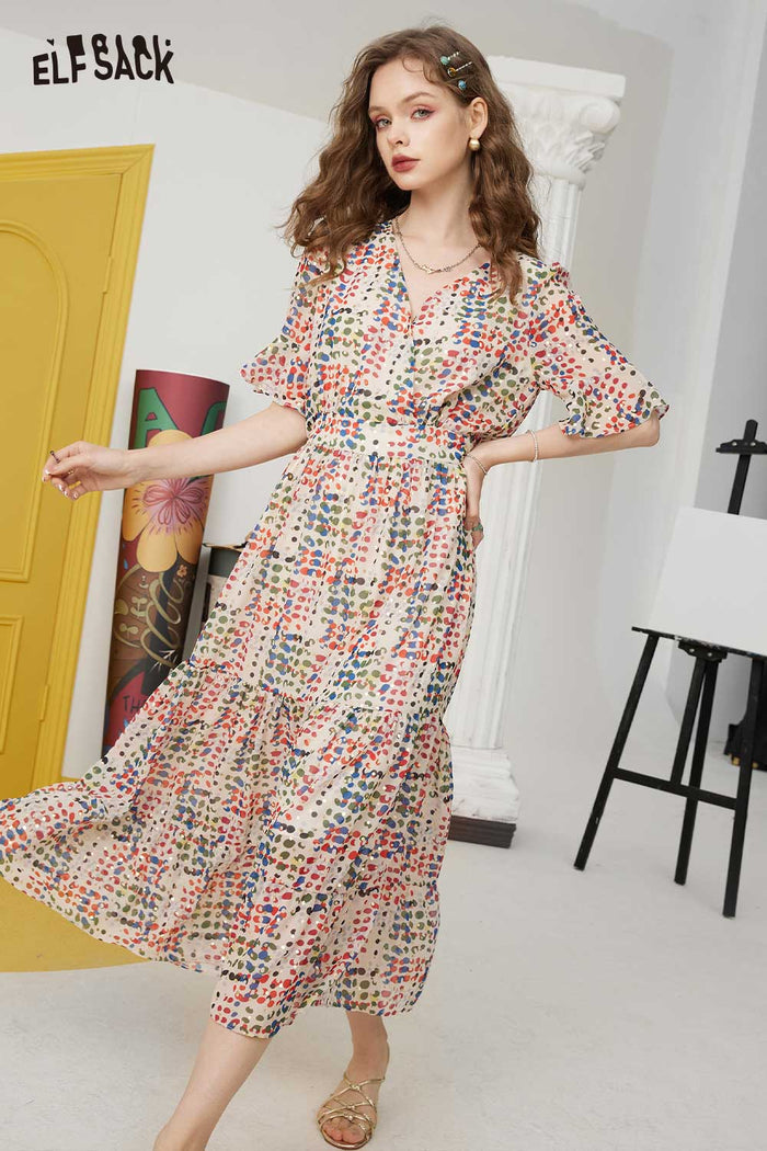 ELFSACK Soft French Dot Waist A-Line Dress