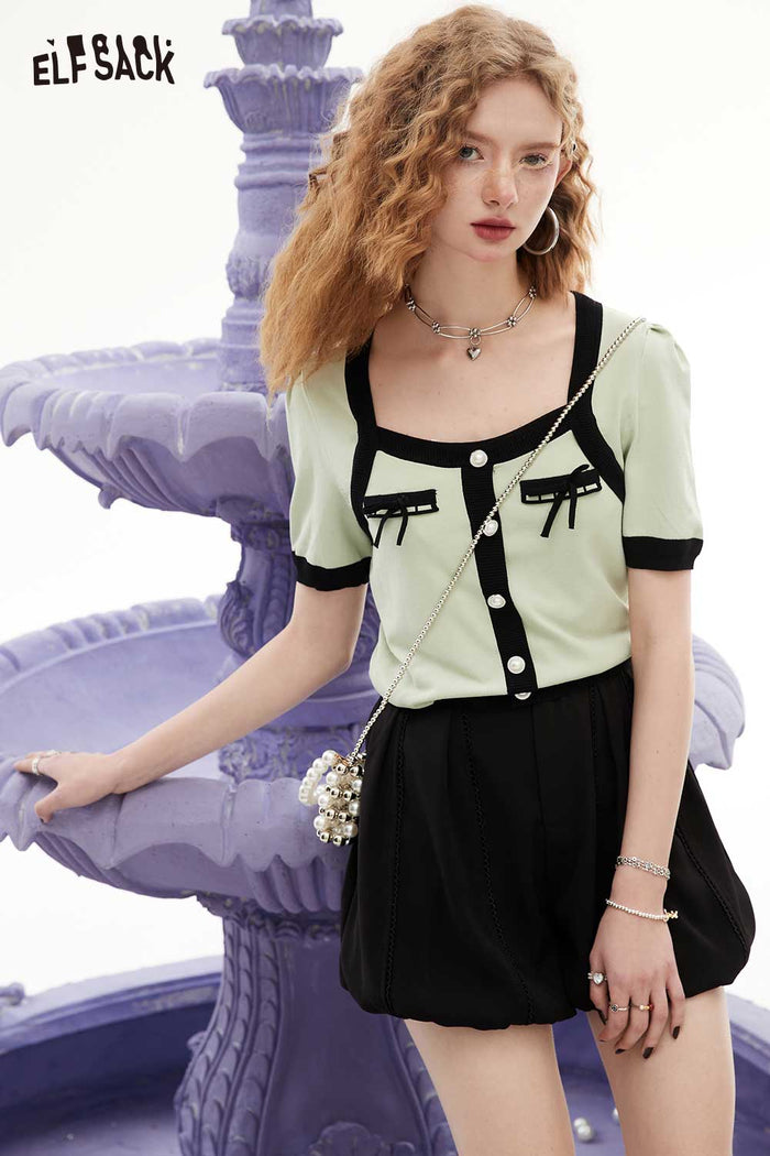 ELFSACK Soft French Green Puff Sleeve Slimming Knitwear