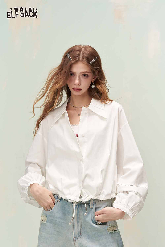 ELFSACK Soft Girly Lace Insert Drawstring Cropped Shirt