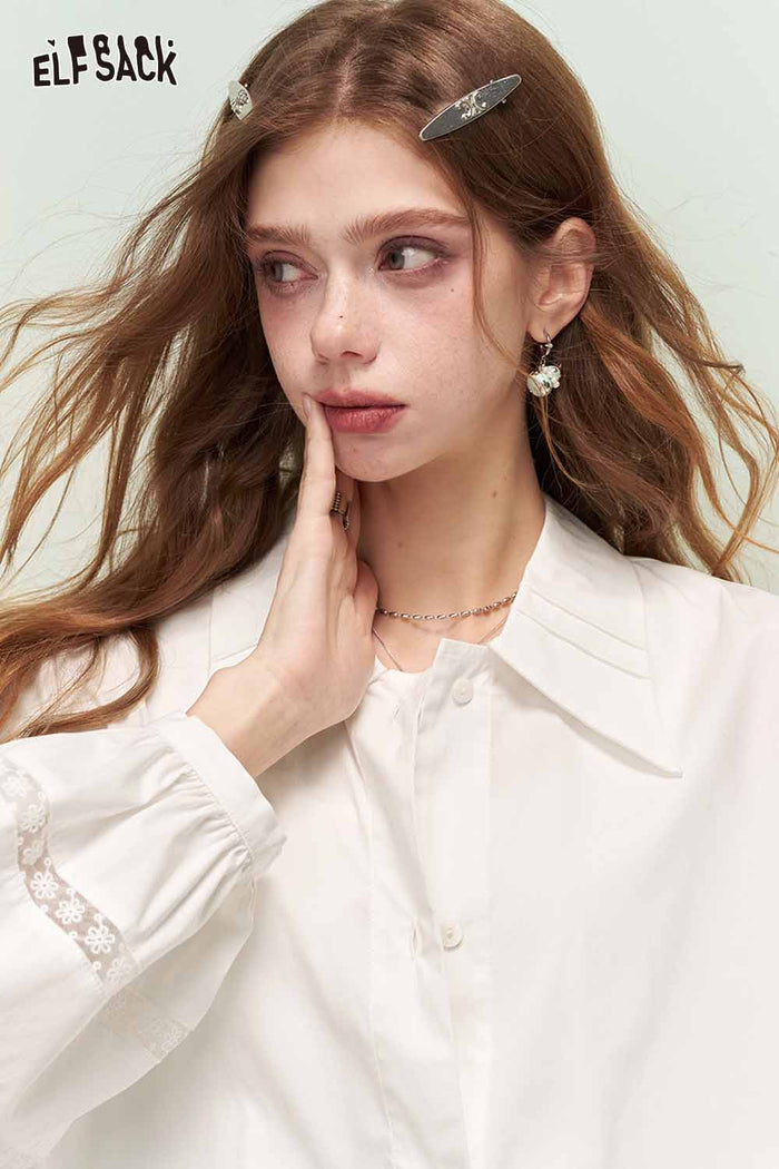 ELFSACK Soft Girly Lace Insert Drawstring Cropped Shirt