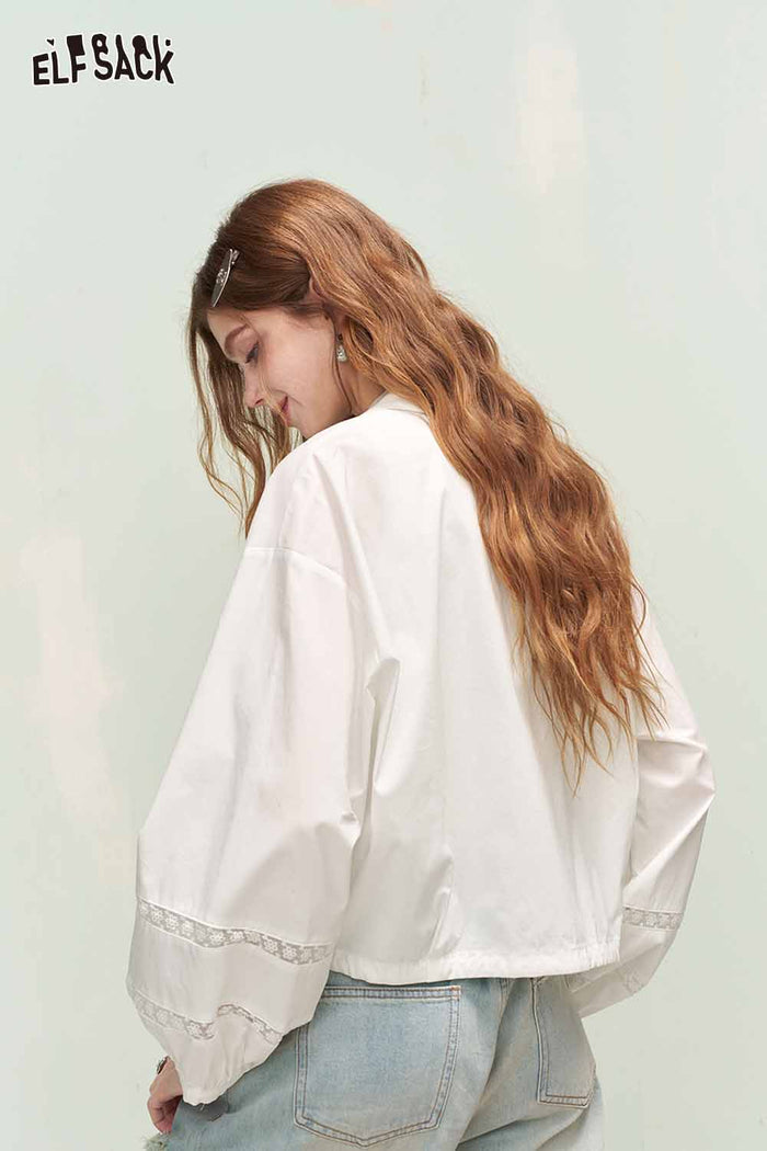 ELFSACK Soft Girly Lace Insert Drawstring Cropped Shirt
