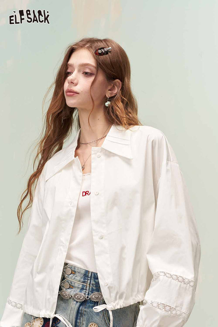 ELFSACK Soft Girly Lace Insert Drawstring Cropped Shirt