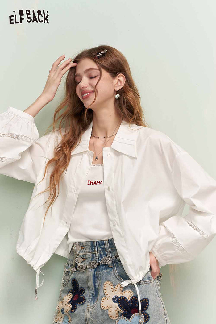 ELFSACK Soft Girly Lace Insert Drawstring Cropped Shirt