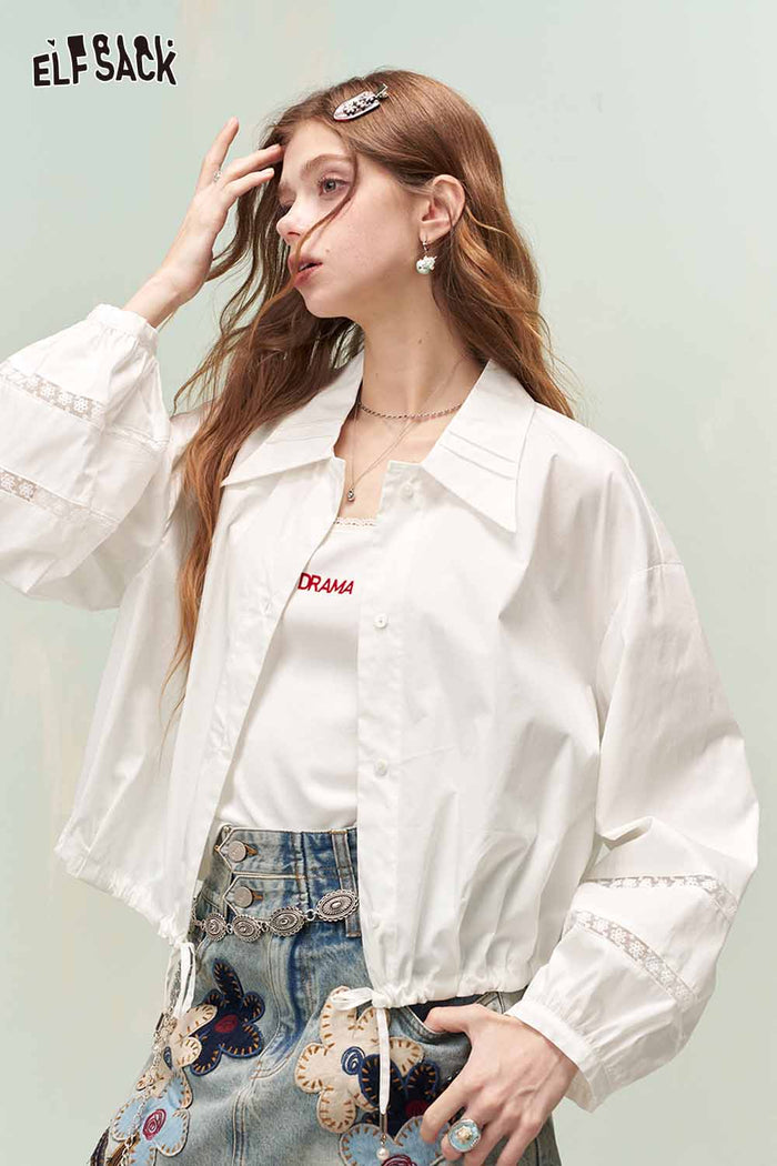 ELFSACK Soft Girly Lace Insert Drawstring Cropped Shirt