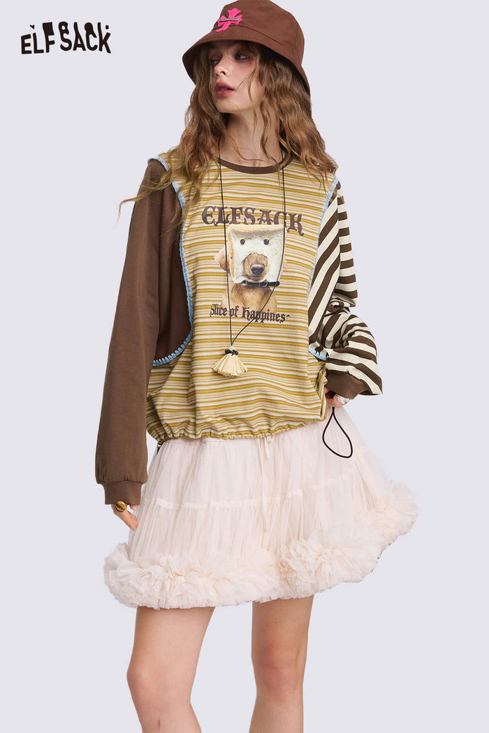 ELFSACK Soft Graphic Checkered Patchwork Sweatshirt