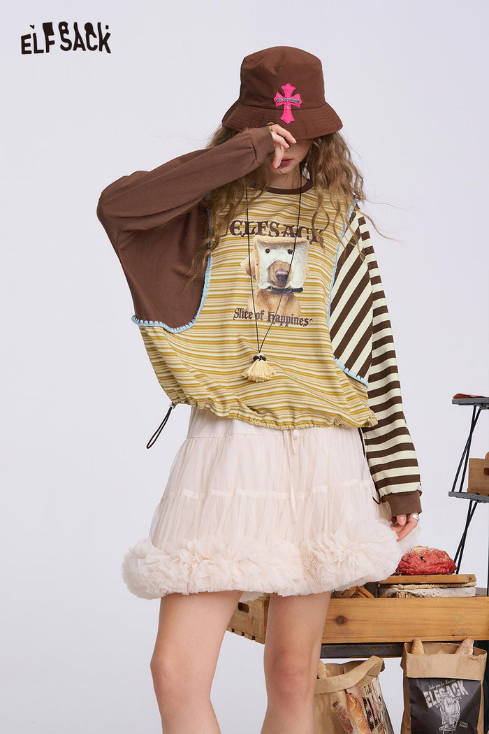 ELFSACK Soft Graphic Checkered Patchwork Sweatshirt