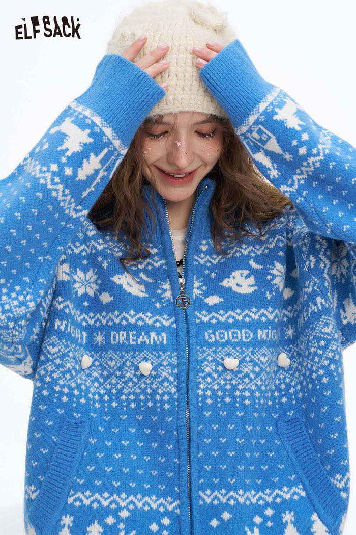 ELFSACK Soft Half High Neck Christmas Graphic Reversible Zipper Sweater