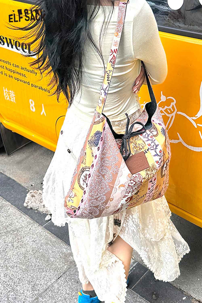 ELFSACK Soft Handblock Printed Ethnic Motifs Woven Bohemian Tote